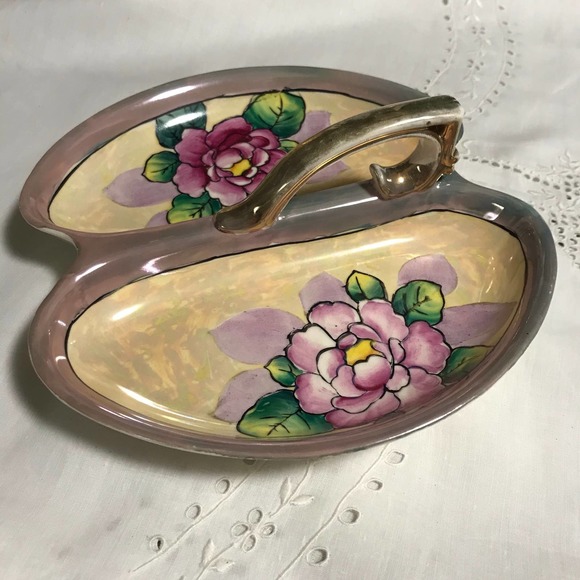 Lusterware Floral Serving Dish, Hand-Painted, Gold Trim, Divided Porcelain Dish - Picture 2 of 5